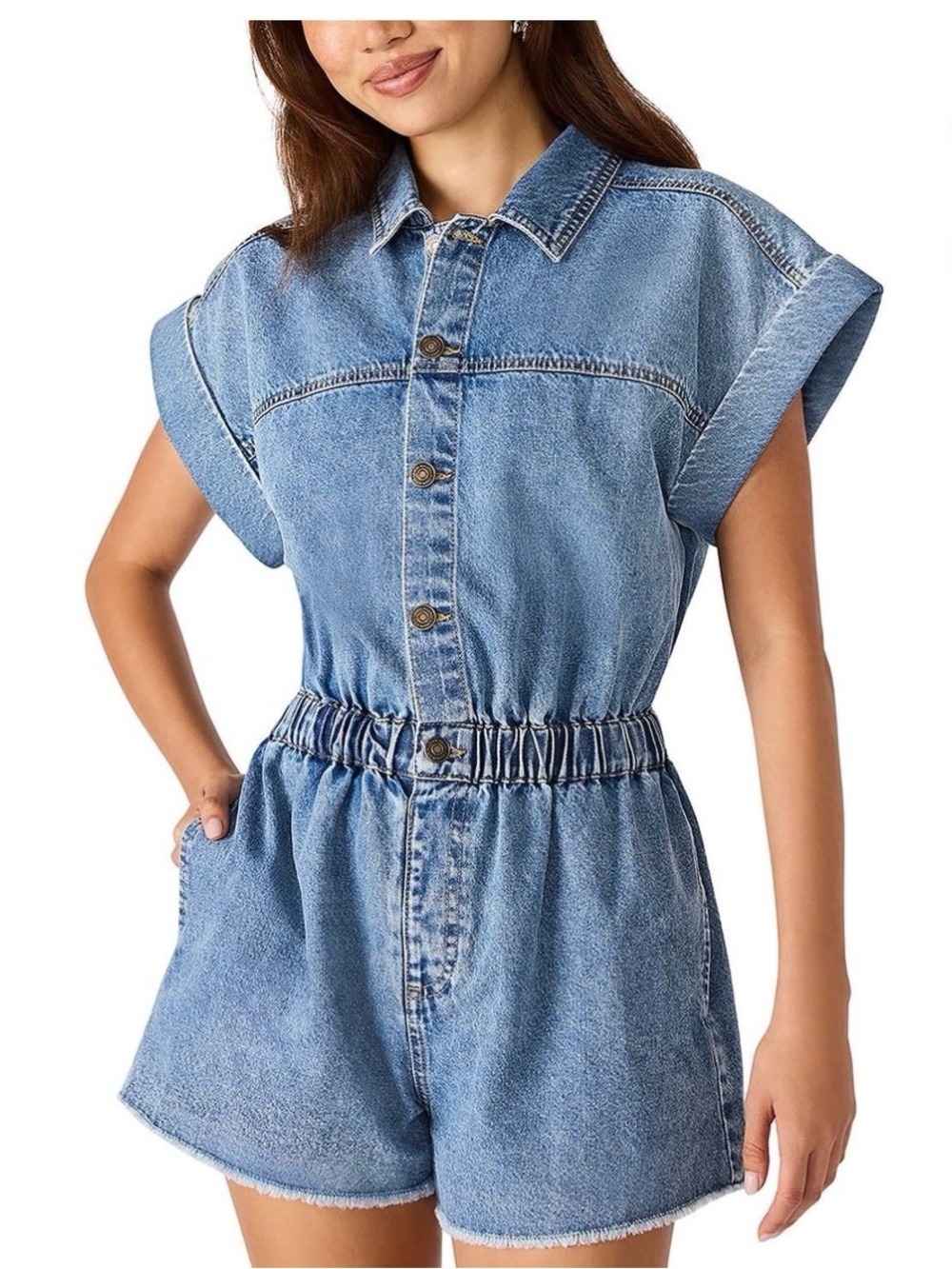 Steve Madden Medium Blue Denim Short Overalls Romper MEDIUM